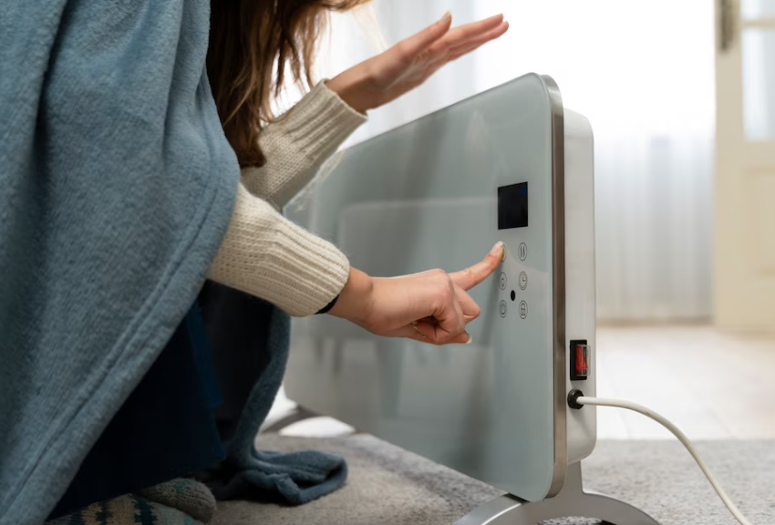person pressing a button on an electric heater